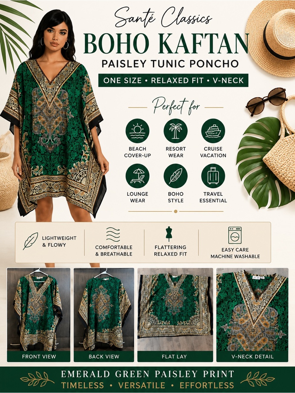 Santé Classics Boho Paisley Kaftan Cover Up Tunic Poncho One Size Green